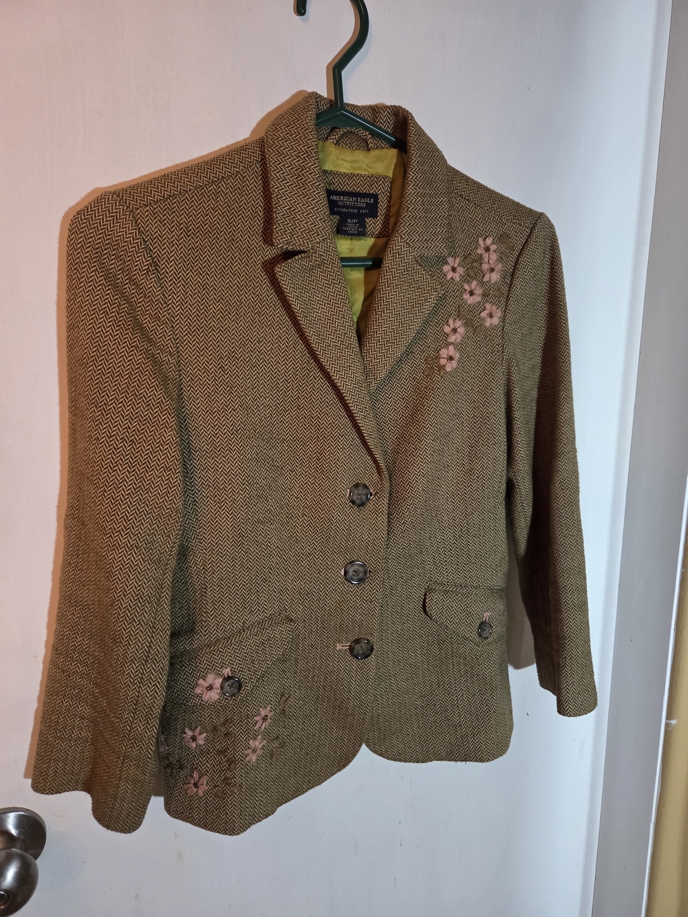 American Eagle Outfitters Brown Herringbone Blazer with Pink Floral Embroidery